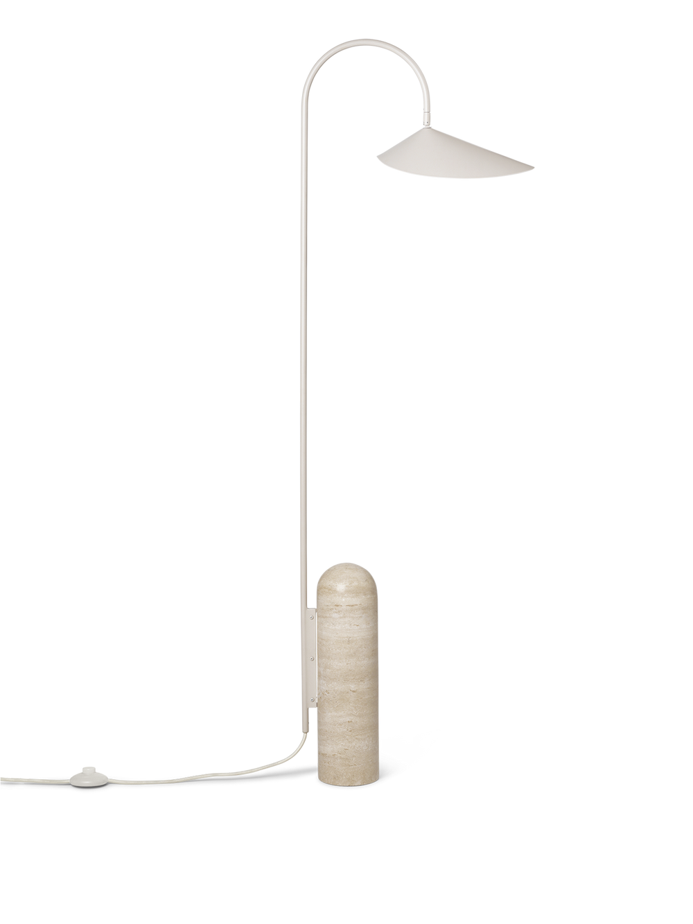 Arum Floor Lamp i beige med böjd stam och rundad fot i travertin