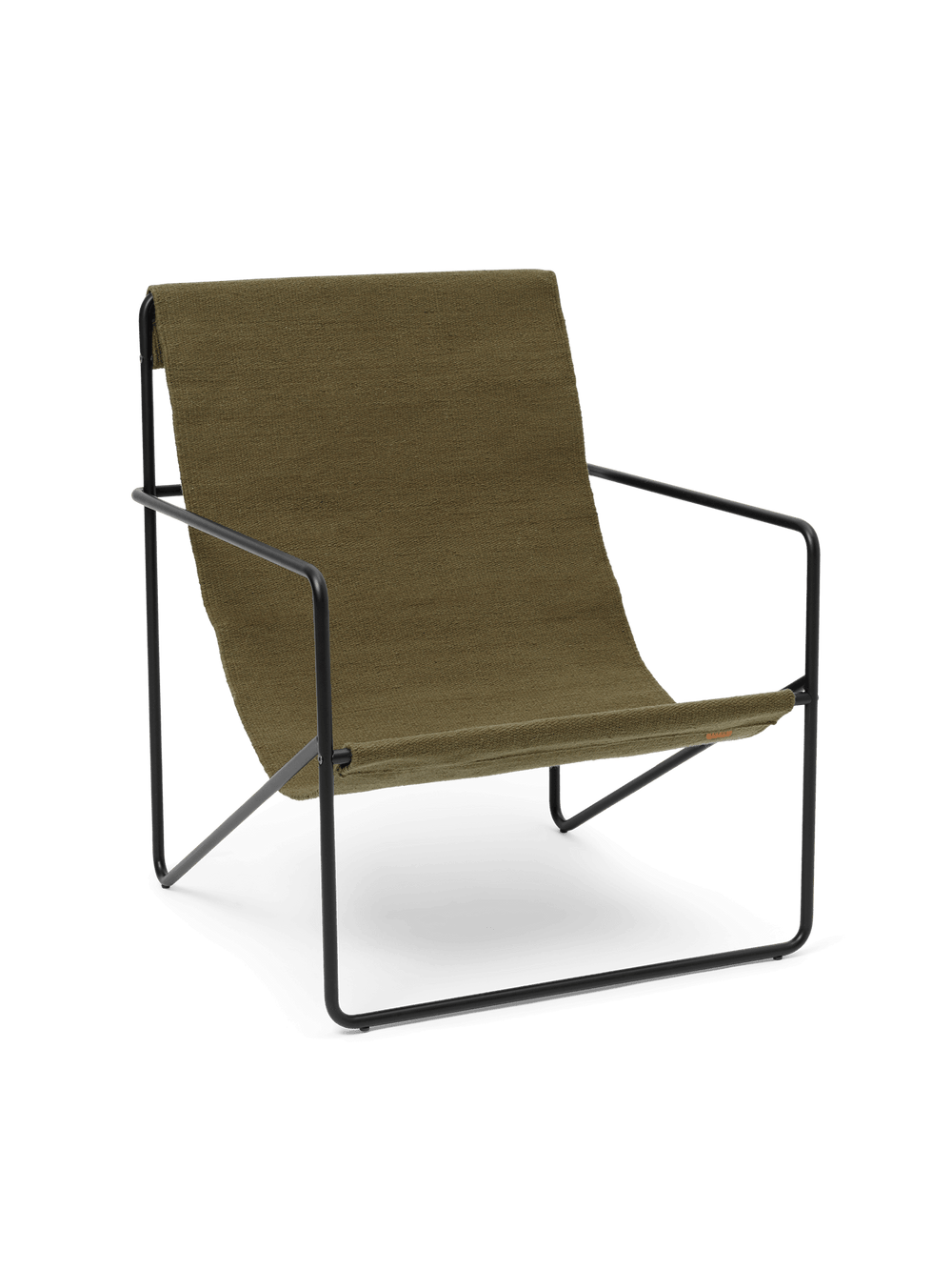 Desert Lounge Chair i svart med olivgrön vävd sits, vinklad vy