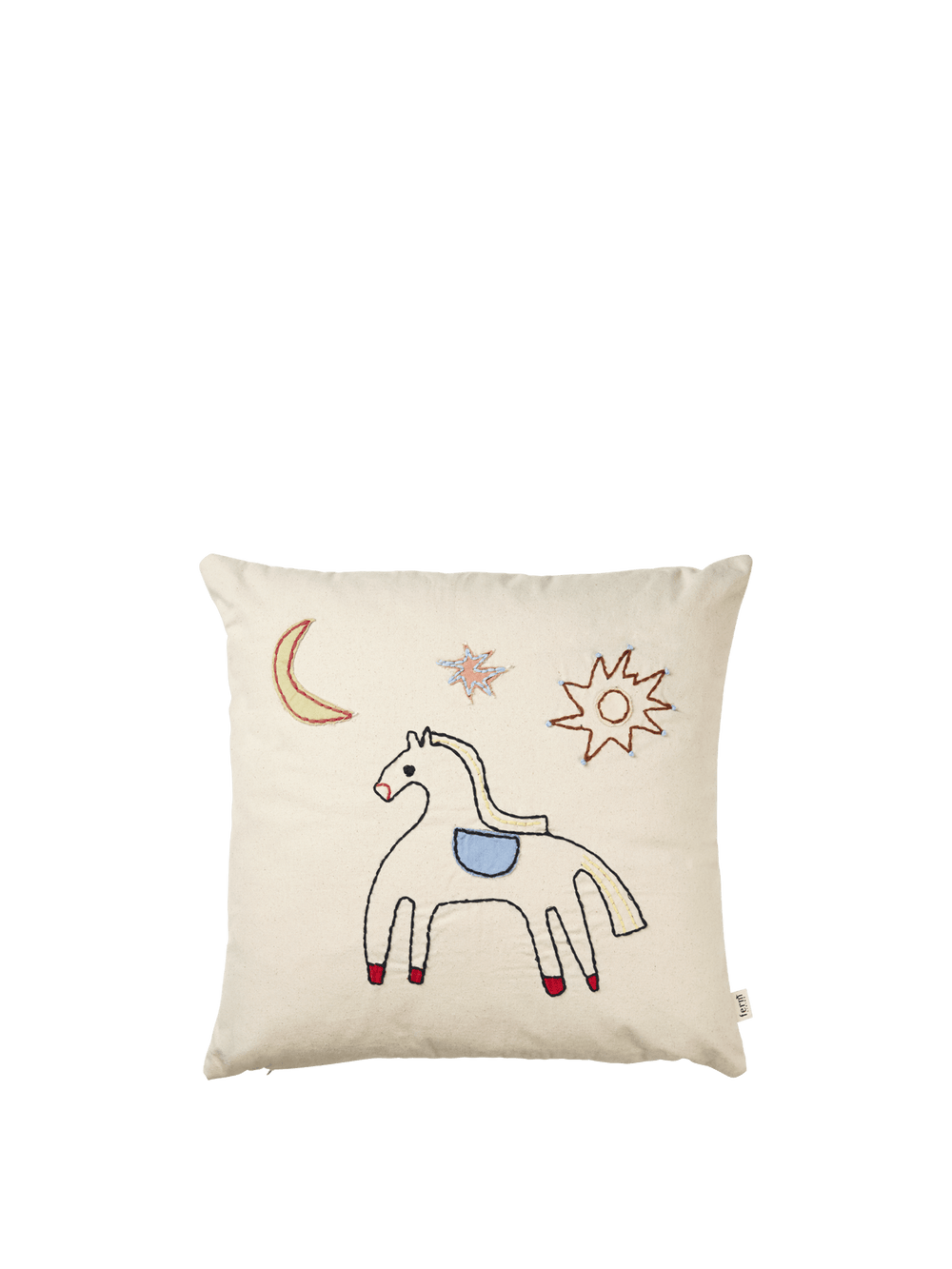 Naive Cushion i off-white med broderade motiv av häst, måne, sol och stjärna